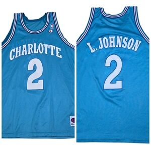 Vtg Champion Larry Johnson Charlotte Hornets Teal #2 Jersey, Men's 48 / XL